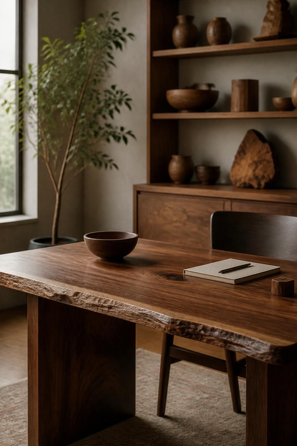 Finished wood furniture and decor in a calm studio workspace.