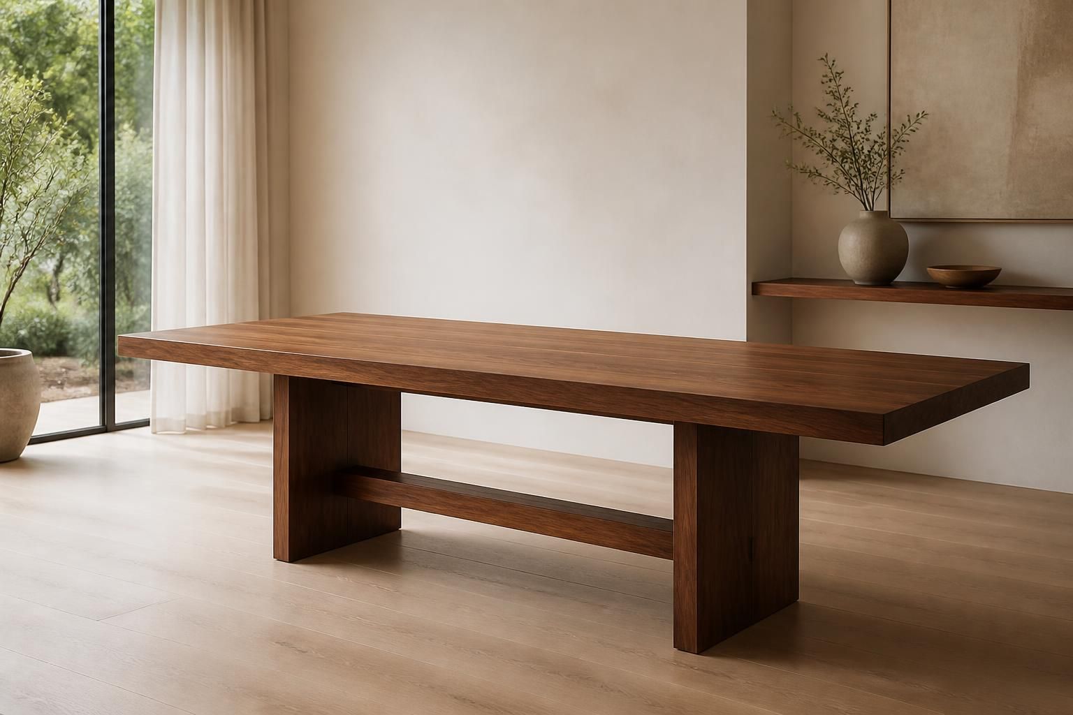 Finished custom wood table in a bright modern interior with open space.