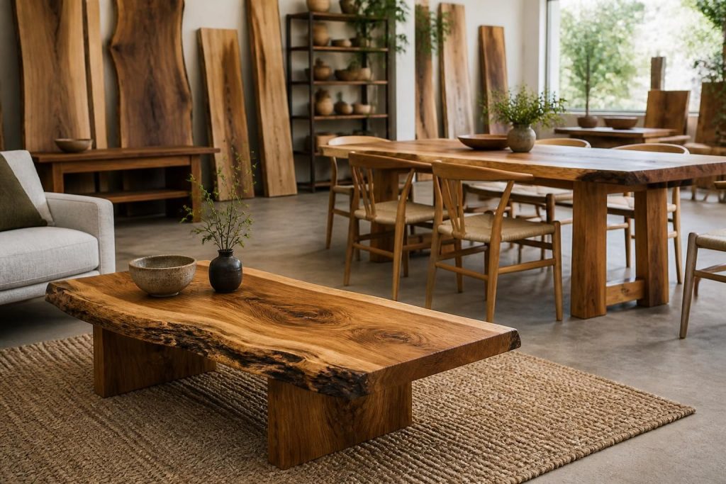 Warm wood furniture display with a live-edge table and dining table.